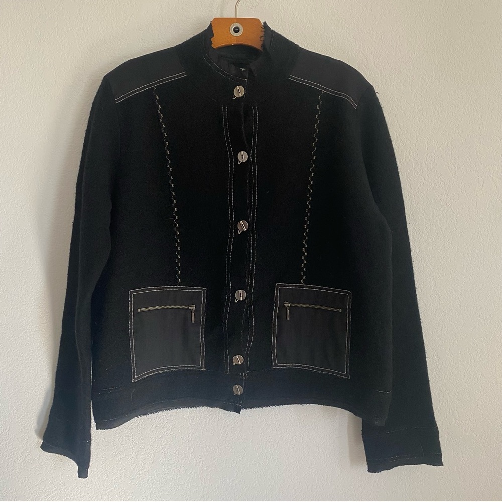 Chico's Boiled Wool Jacket Black Button Front Box… - image 1